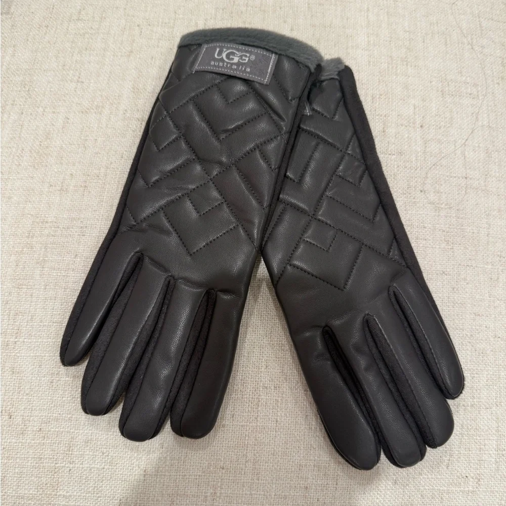 UGG Men's Quilted Dark Gray Leather Gloves